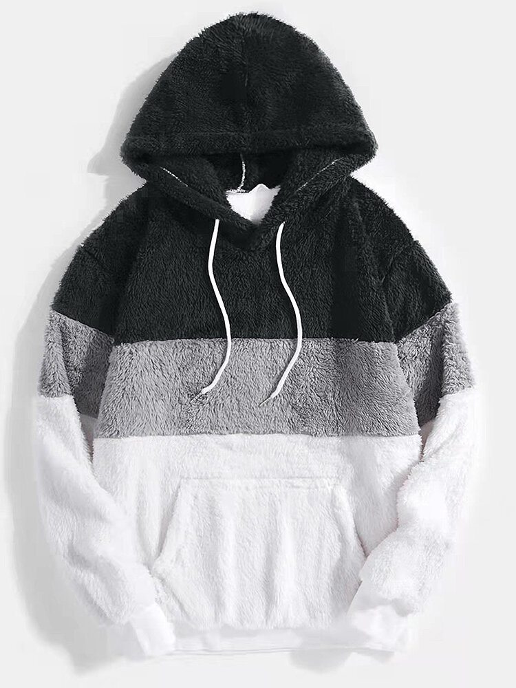 Mens Fluffy Plush Tricolor Patchwork Casual Drawstring Hoodies With Pocket