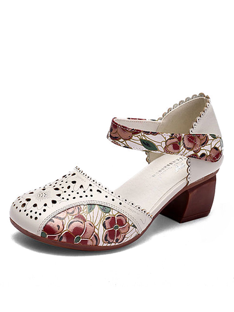 Women's Vintage Print Round Toe Laser Hollow Mary Jane Shoes Heeled Sandals