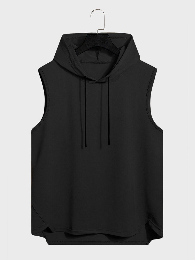 Mens Solid Hooded Casual Sleeveless Tanks