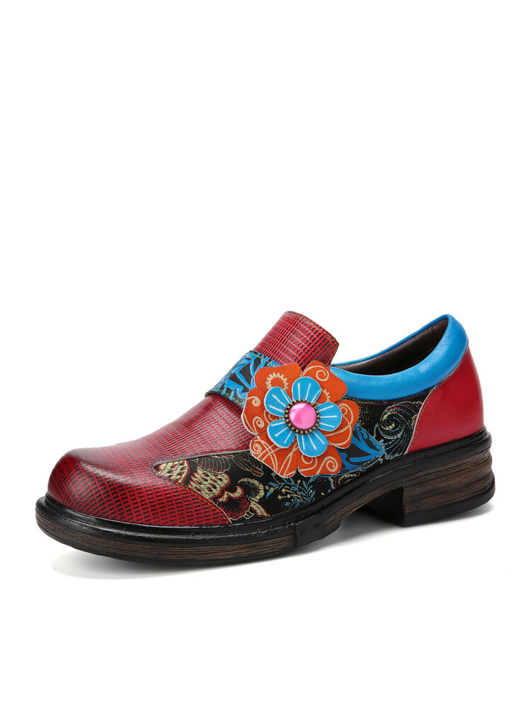 Socofy Casual Leather Patchwork Flower Embroidery Hook Loop Loafers Women's Comfy Flats