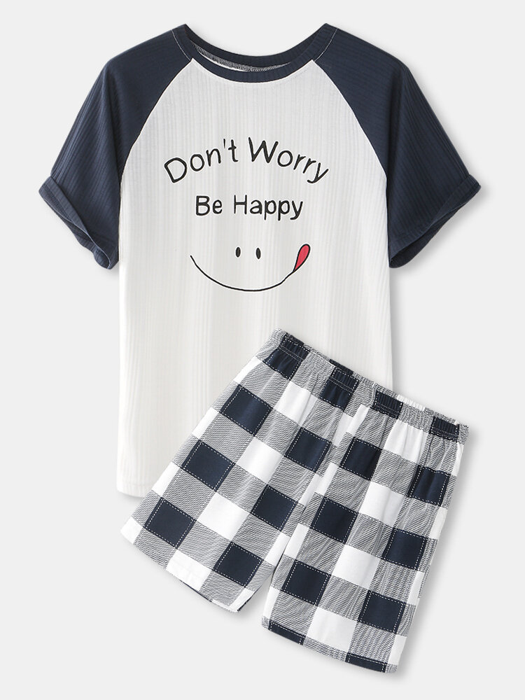 Mens Smile Cartoon Bear Print Rib Raglan Sleeve Short Pajamas Sets With Plaid Shorts