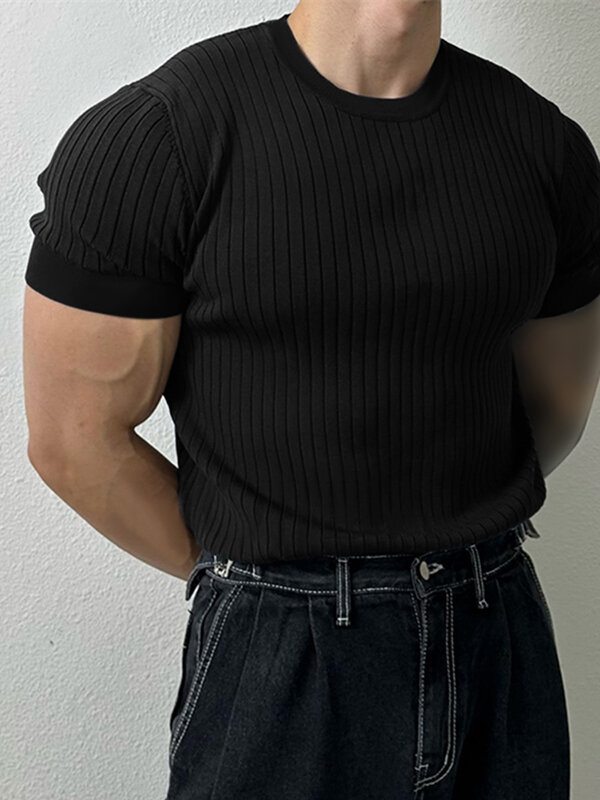Camiseta masculina de manga curta em malha canelada sólida