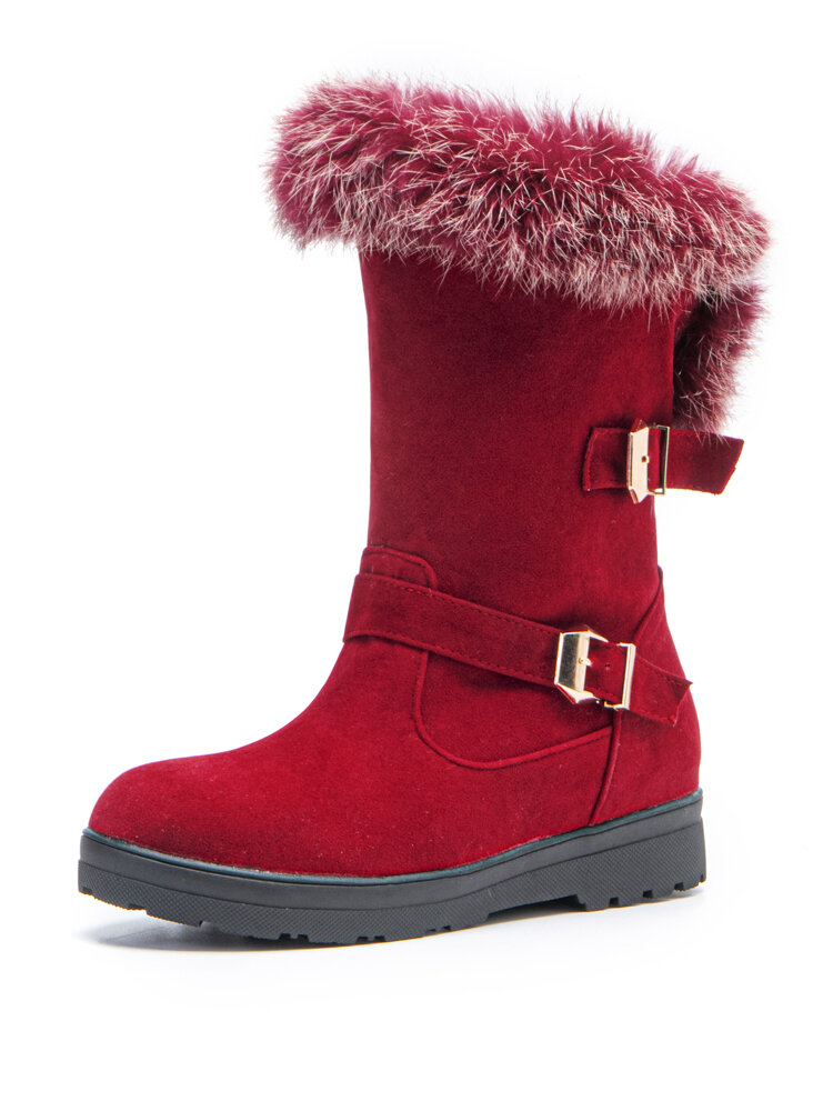 

Plus Size Women Casual Metal Buckle Warm Plush Lining Mid Calf Snow Boots, Black;red;brown