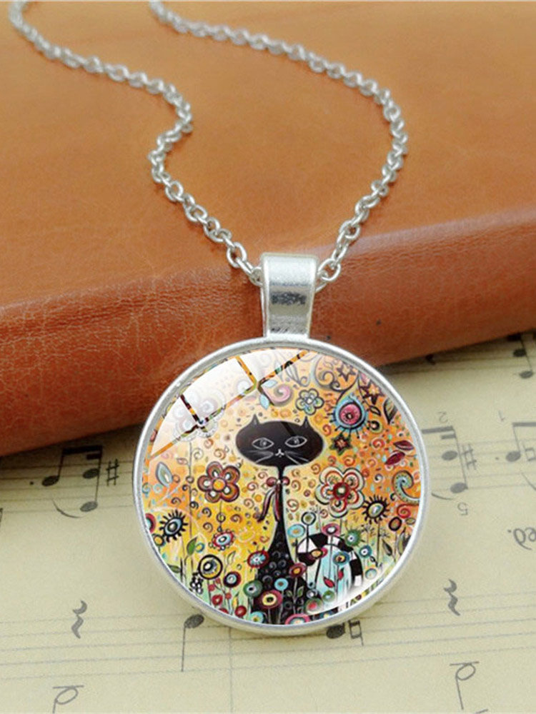Vintage Glass Printed Women Necklace Colored Flower Black Cat Pendant Necklace Jewelry Gift