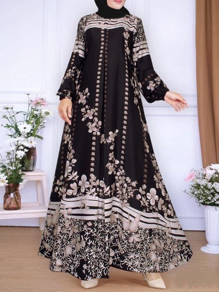 Women Floral Print Muslim Long Sleeve Maxi Dress