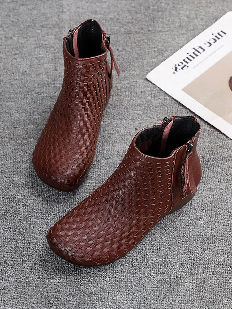 Women Casual Solid Color Woven Design Side Zipper Comfortable Flat Boots