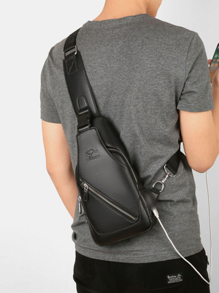 Men PU Leather USB Charging Waterproof Earphone Hole Business Crossbody Bag Chest Bag Sling Bag
