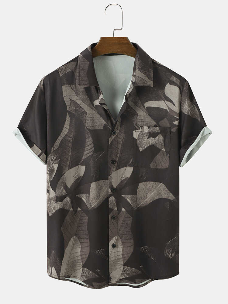 Mens Tropical Leaf Print Chest Pocket Holiday Short Sleeve Shirts