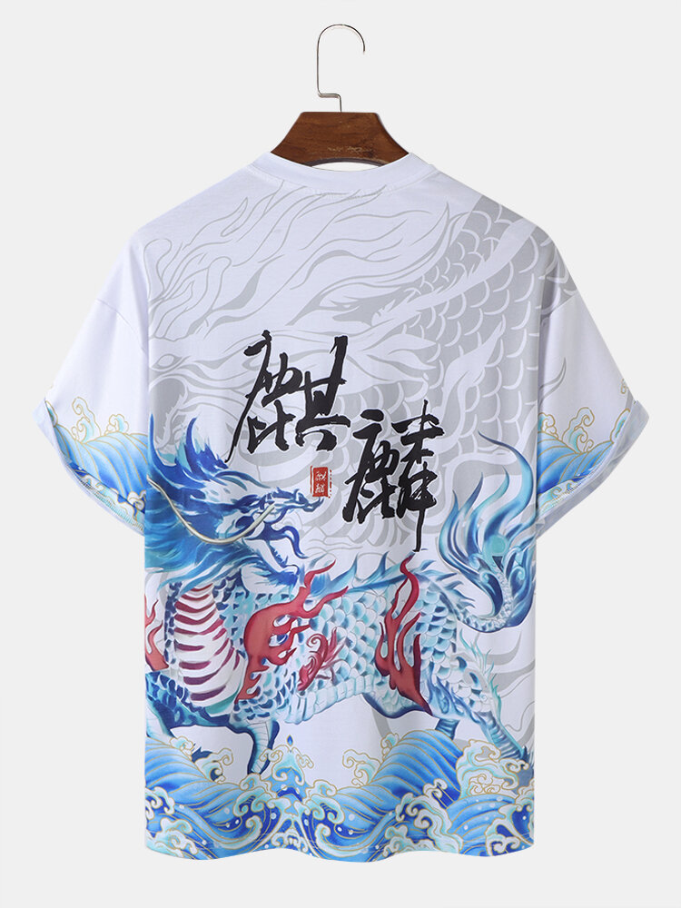 Mens Chinese Kirin Wave Print Crew Neck Short Sleeve T-Shirts