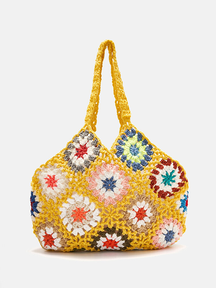 JOSEKO Women Plush Handmade Crochet Ethnic Mixed Floral Pattern Shoulder Bag Multifunctional Tote Bag