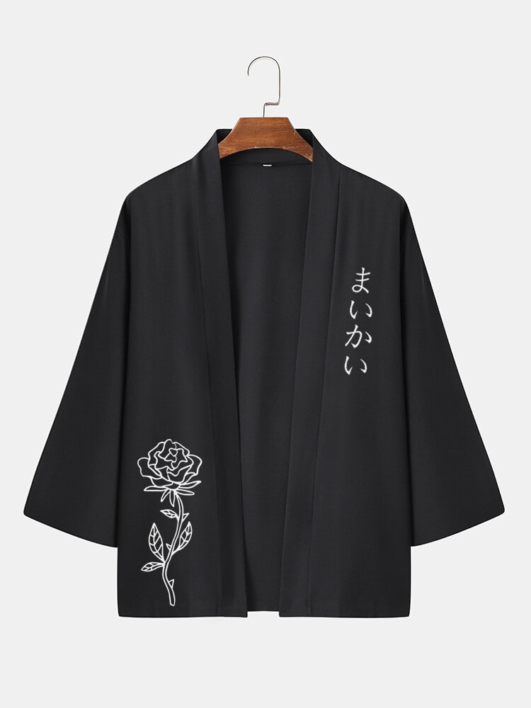 Mens Monochrome Rose Japanese Print Open Front 3/4 Sleeve Kimono