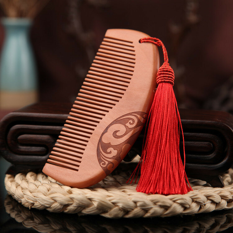 Wooden Comb Double-Sided Carving Peach Wood Comb Tassel Nanmu Mahogany Massage Hair Scalp Hair Care