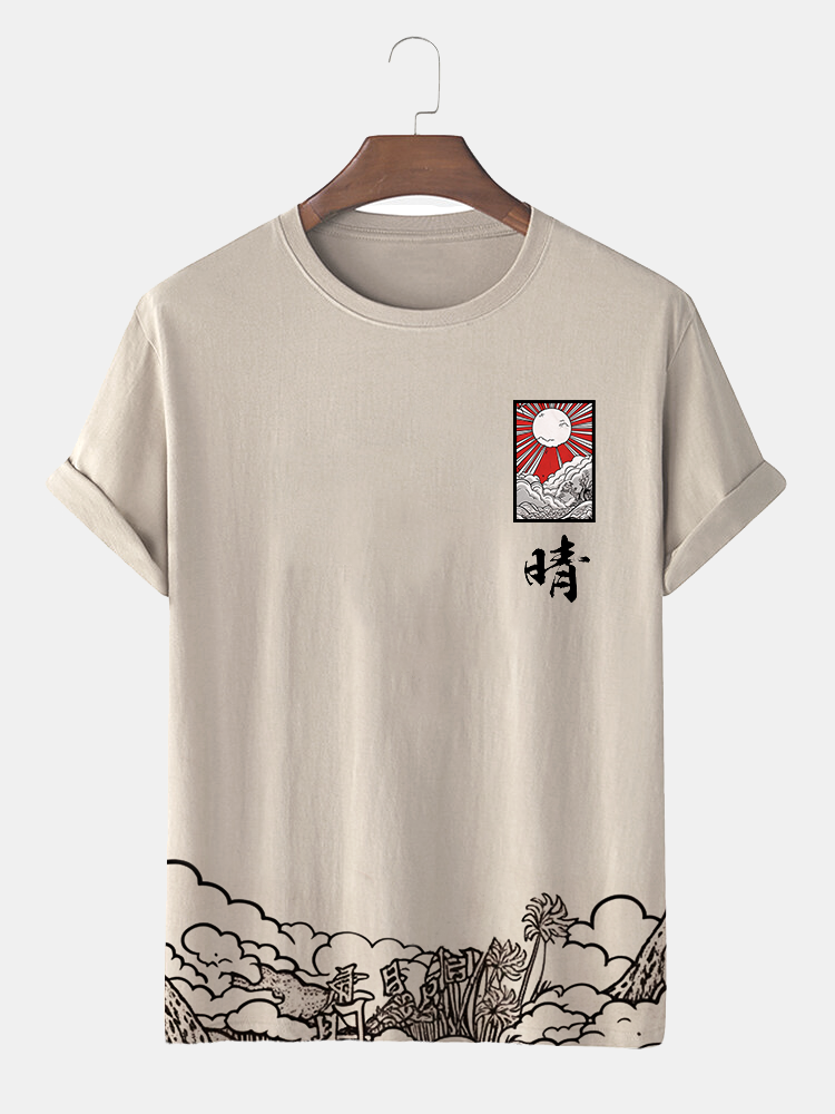 Camisetas de manga corta con estampado de paisaje de estilo japonés para hombre Cuello
