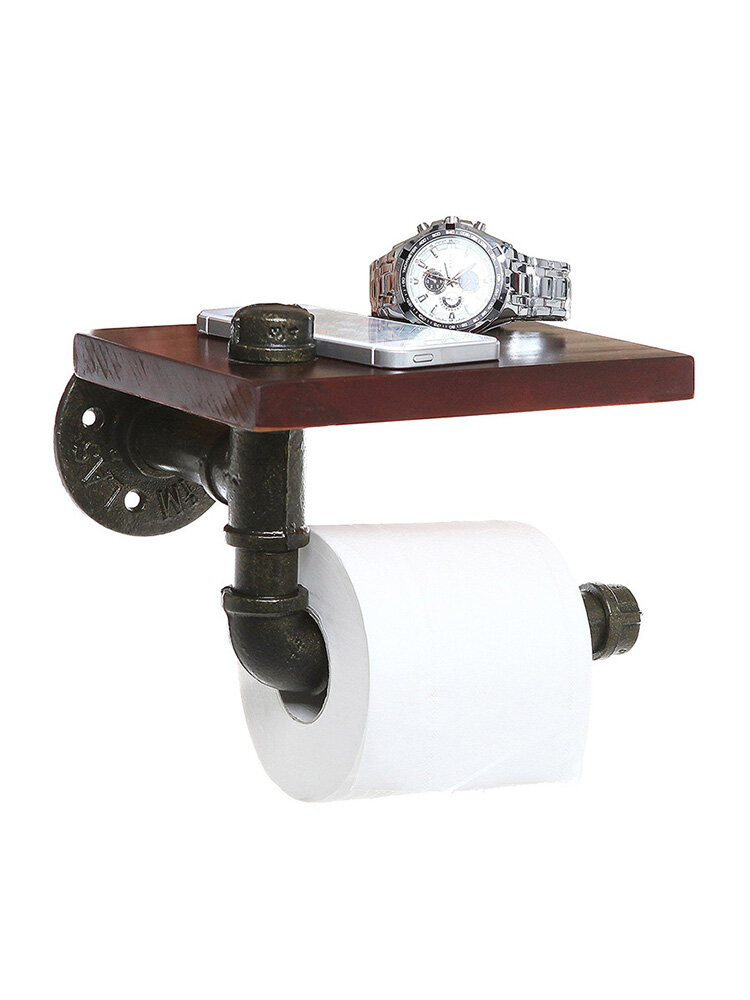 Rustic Style Iron Pipe Design Bathroom Shelf / Toilet Paper Roll Holder Black Metal Brown Wood