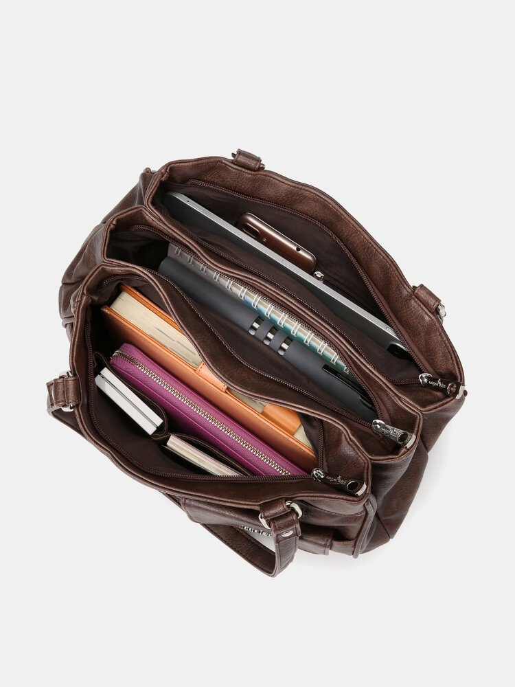 Vintage Faux Leather Waterproof Crossbody Bag Multi-pocket Large Capacity Handbag Tote