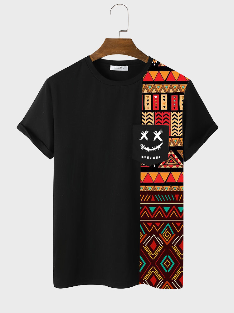 Mens Smile Ethnic Geometric Print Patchwork Short Sleeve T-Shirts