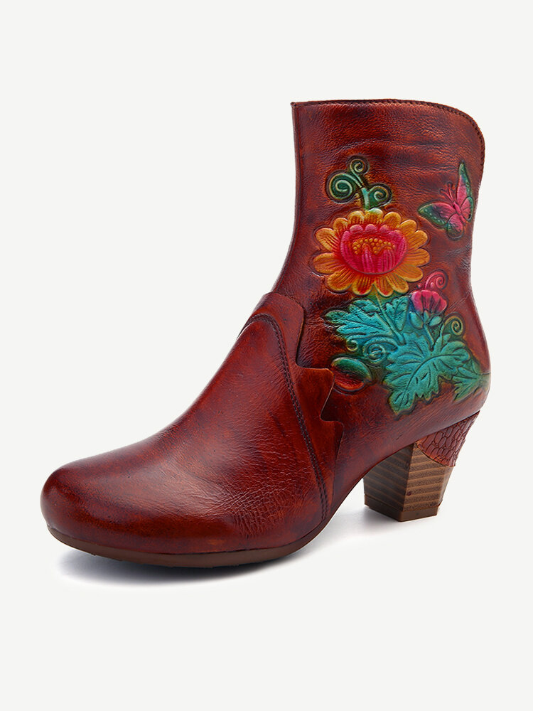 SOCOFY Retro Super Soft Genuine Leather Stitching Flower Zipper High Heel Short Boots