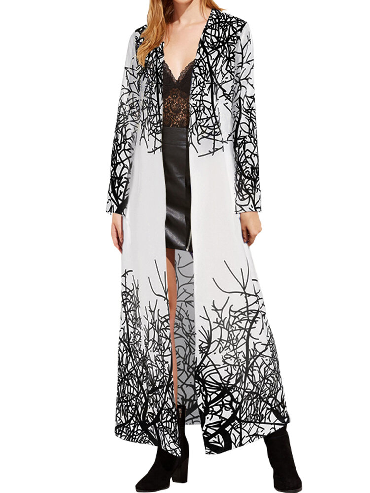 

Tree Branch Print Long Sleeve Plus Size Kimono, White;black