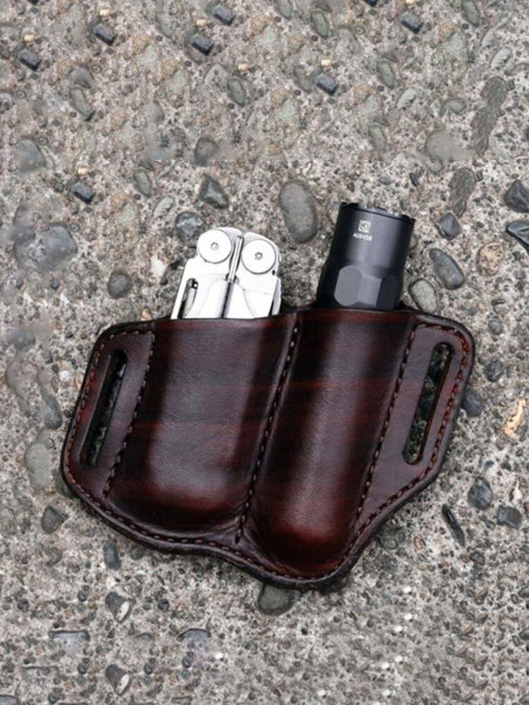 Men EDC Genuine Leather Retro Multitool Flashlight Waist Belt Bag