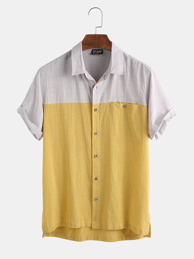 

Mens 100% Cotton Color BlockBreathable Newchic Unique Design Shirt, Yellow;blue