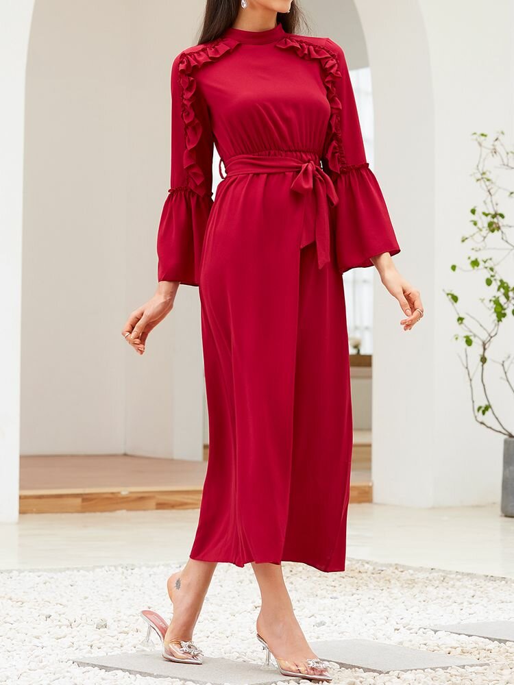 Solid Color Bell Long Sleeve Ruffle Knotted Chiffon Maxi Dress