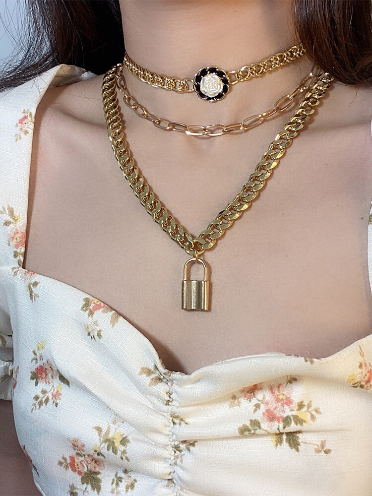3 Pcs Vintage Trendy Rose Lock Shape Pendant Alloy Necklace Set
