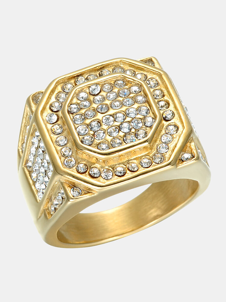 Trendy Luxury Full Rhinestones Hexagonal Seal-shaped Zinc Alloy Ring
