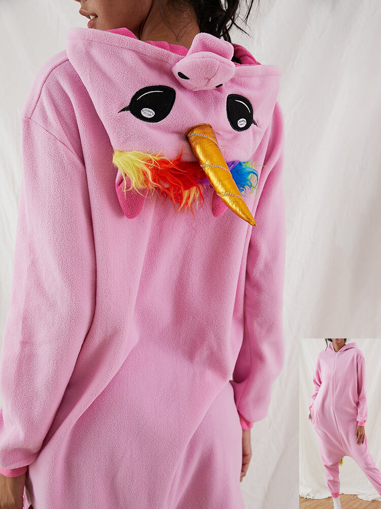 

Women Cute Unicorn Cartoon Zipper Front Casual Warm Plush Homewear Pajamas Hooded Animal Onesies, Pink
