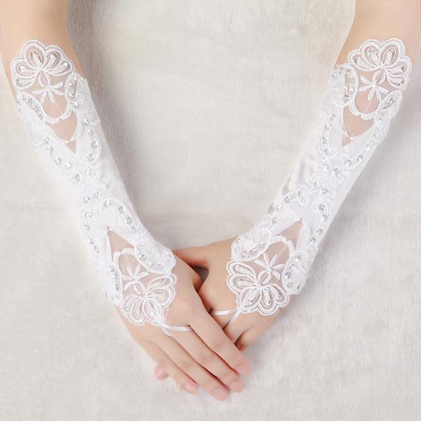 

Women Bridal Wedding Dress Fingerless Embroidered Gloves, White;red