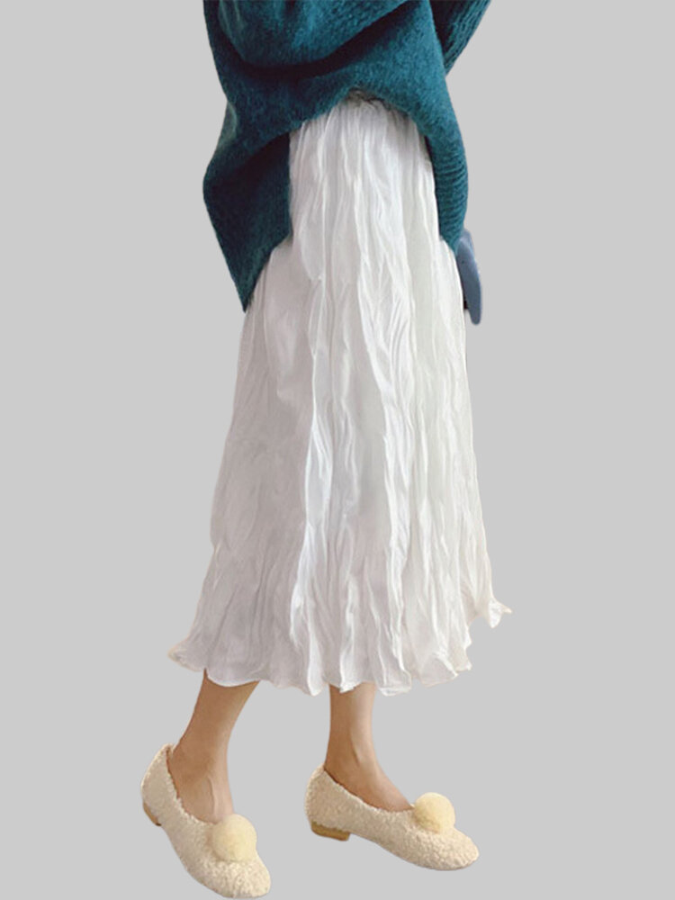 Casual Solid Color Pleated High Elastic Waist A-Line Midi Dress