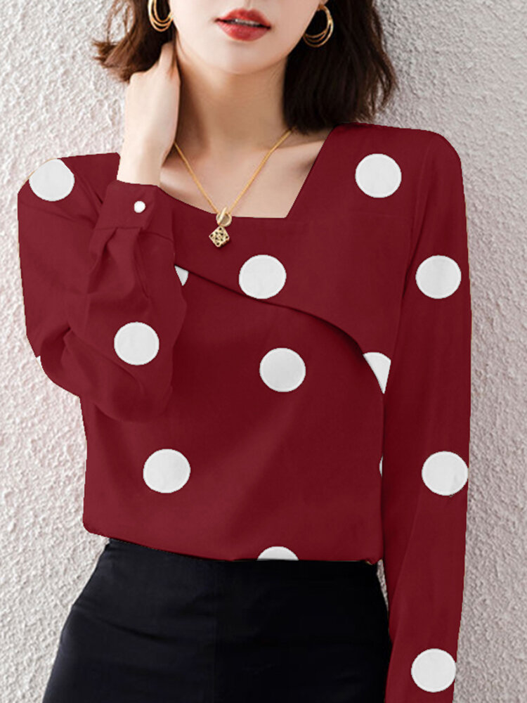 Dot Print Asymmetrical Collar Long Sleeve Women Blouse