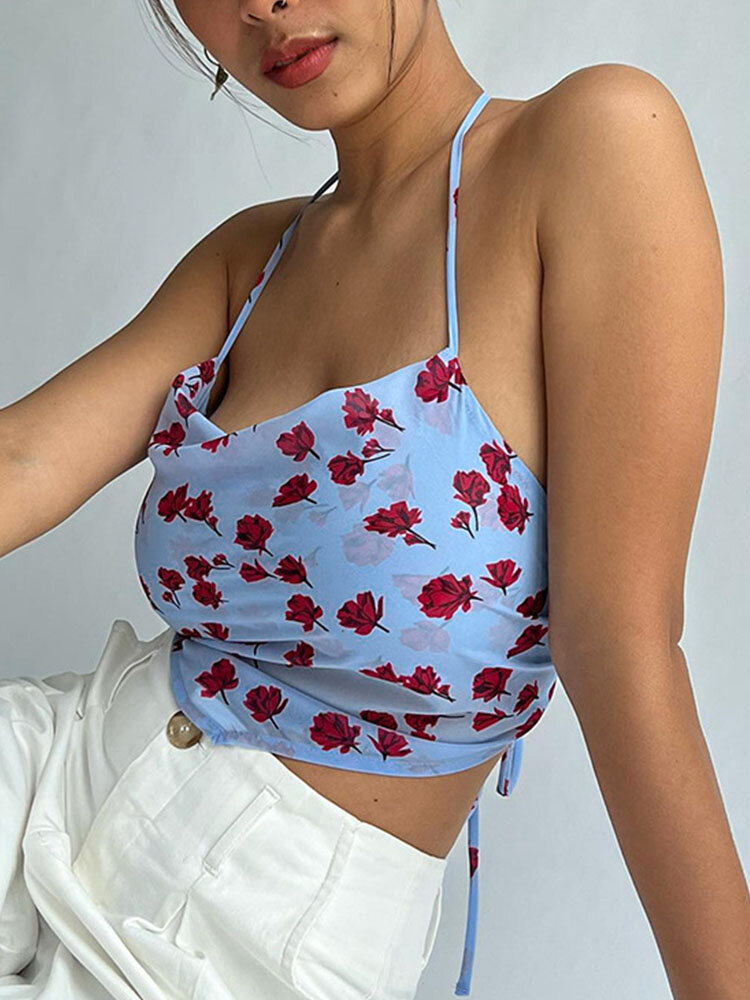 Floral Print Open Back Halter Back Tie Knotted Sexy Cami
