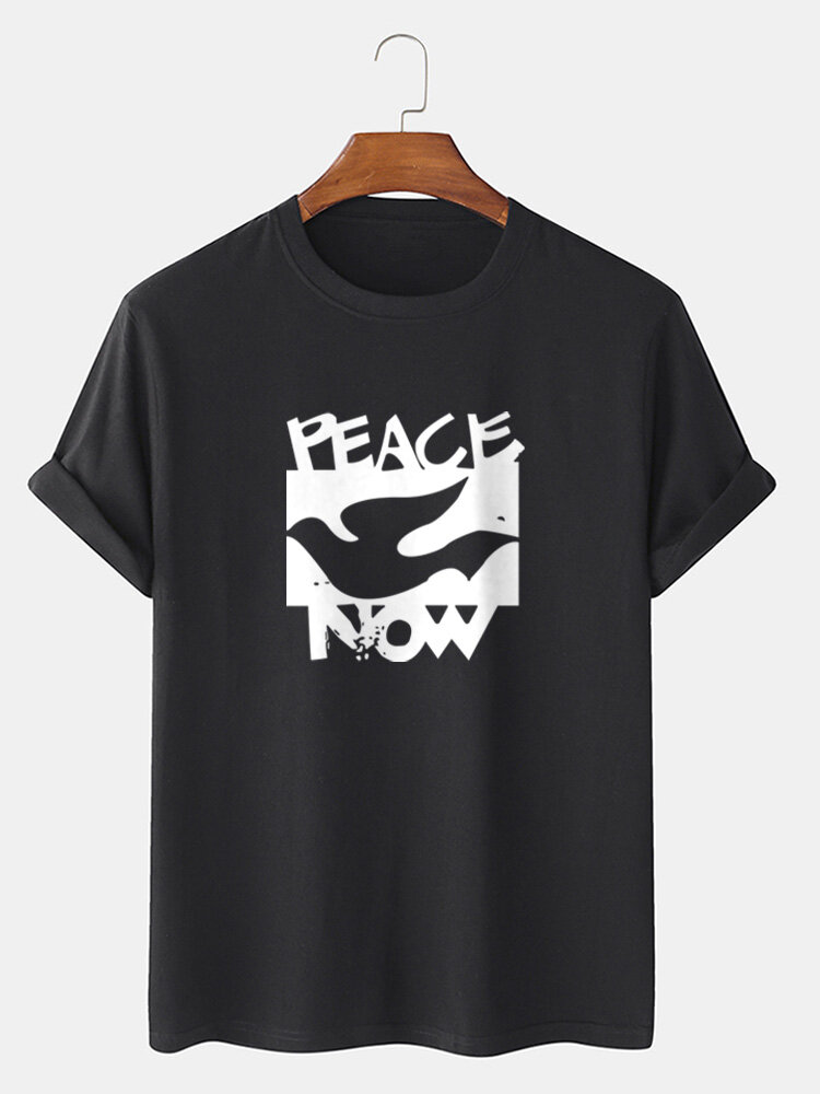 Mens Peace Pigeon Slogan Print Short Sleeve Cotton T-Shirts