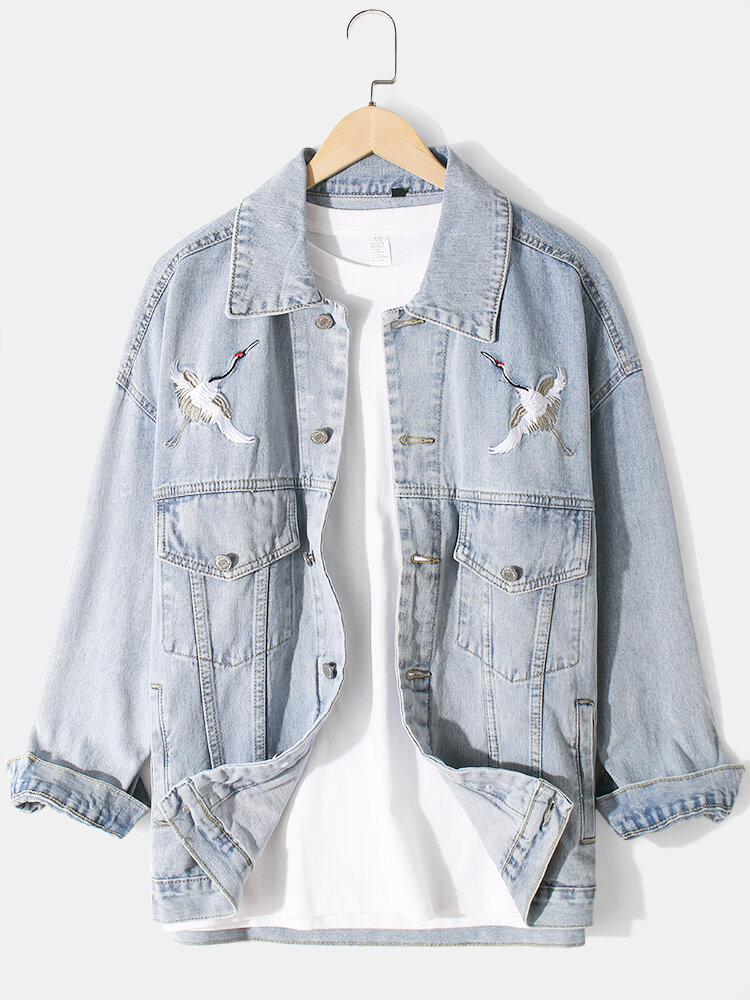Mens Crane Embroidery Faded Effect Cotton Outdoor Stylish Denim Jackets With Pocket