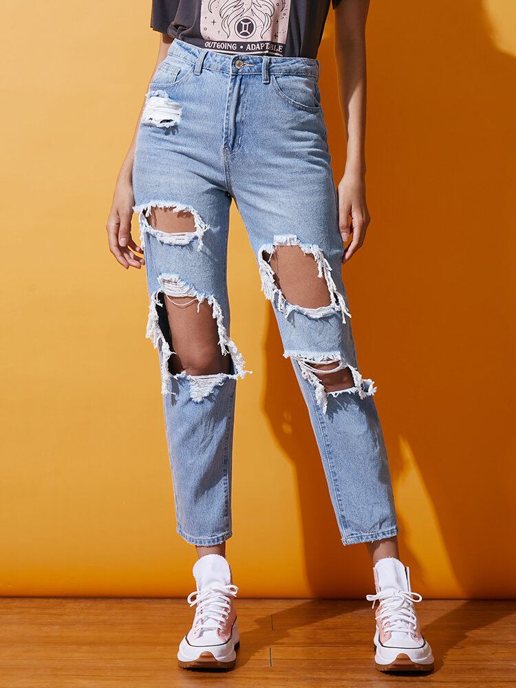 Lässige Denim-Jeans mit zerrissenen Taschen und Reißverschluss vorne