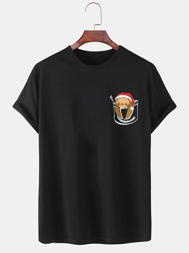 Mens 100% Cotton Christmas Bear O-Neck Solid Color Thin T-Shirt