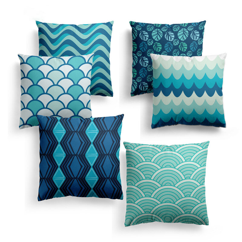 

Blue Geometric Strips Plaids Cushion Cover Nordic Line Waves Sofa Throw Pillowcase