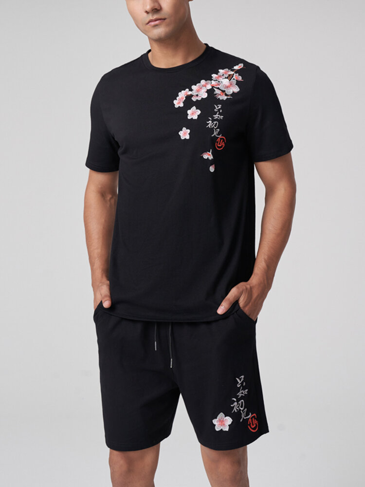 Mens Floral Character Embroidery Crew Neck Cotton Two Pieces Outfits