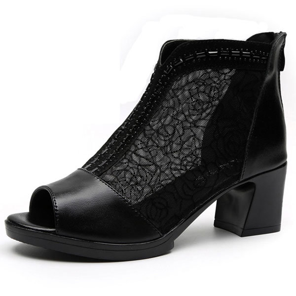 Breathable Hollow Out Fish Mouth Leather Mid Heel Pumps 