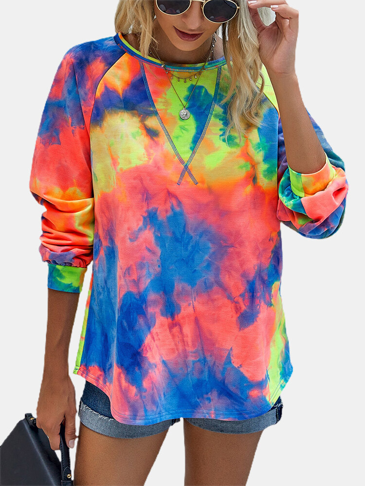 Tie-dyed Print O-neck Long Sleeves Casual Sweatshirt For Women