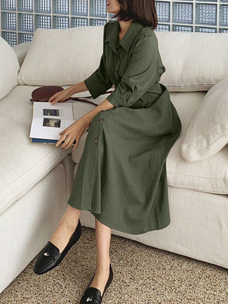 Solid Button Pleated 3/4 Sleeve Lapel Knotted Shirt Dress