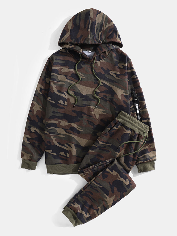Mens Camouflage Print Drawstring Hoodie Jogger Pants Two-Piece Sports Set