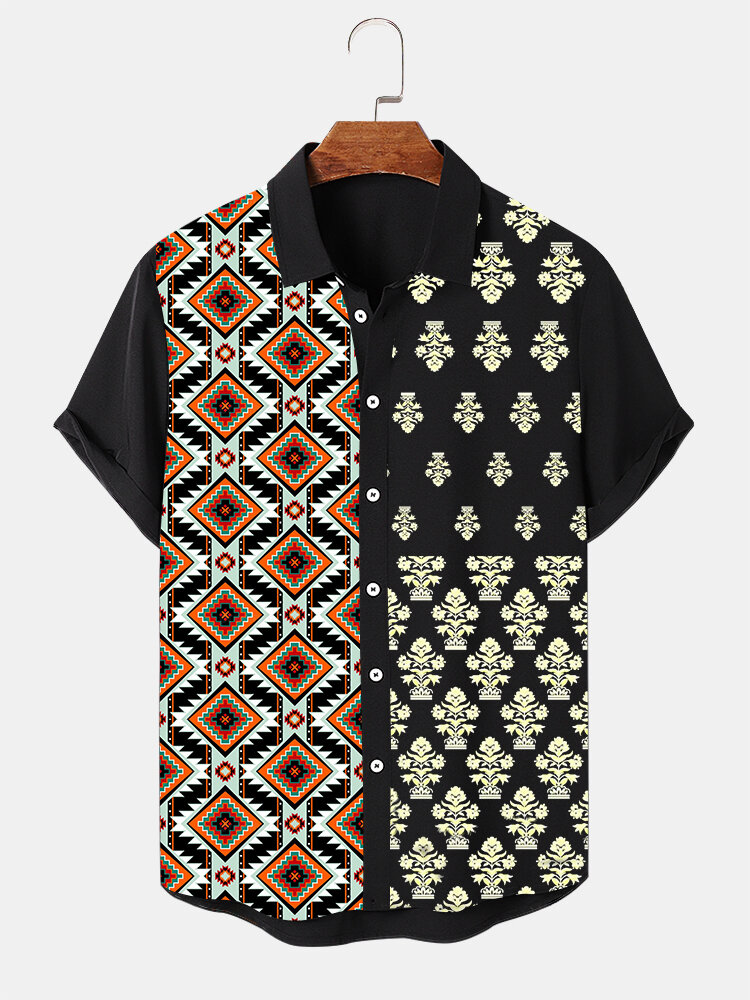 Мужские рубашки с короткими рукавами и лацканами с этническим геометрическим принтом Растение в стиле пэчворк
