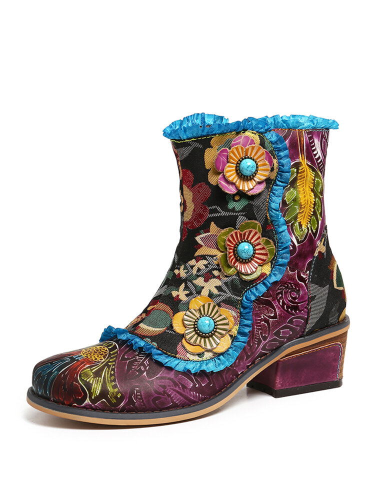 SOCOFY Retro Hand Painted Genuine Leather Flowers Blue Lace Zipper Flat Short Boots