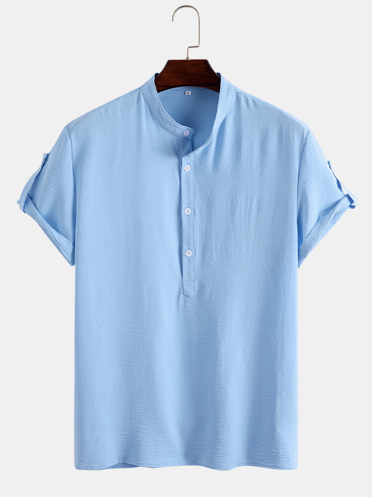 Mens Plain Button Design Short Sleeve Stand Collar Henley Shirts