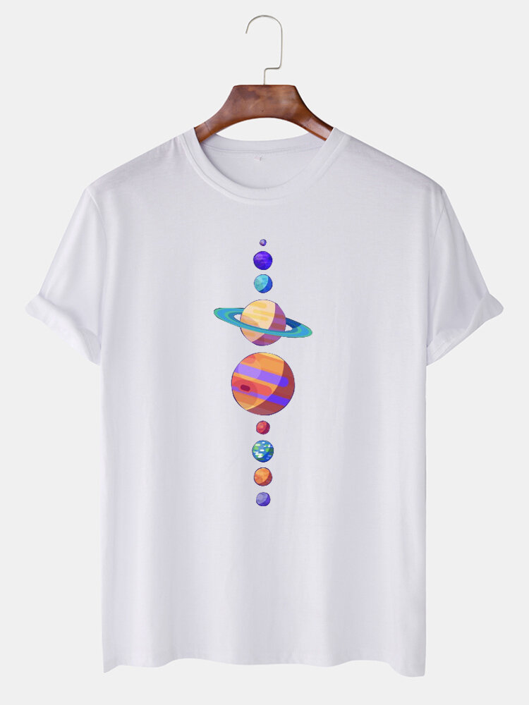 Mens Cotton Multi Colored Planet Print Round Neck Casual Short Sleeve T-Shirts