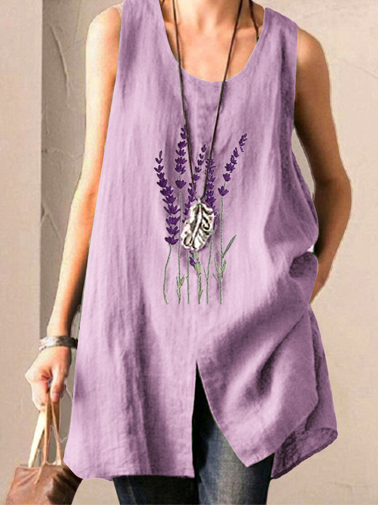 Lavender Flower Embroidery Sleeveless Tank Tops For Women