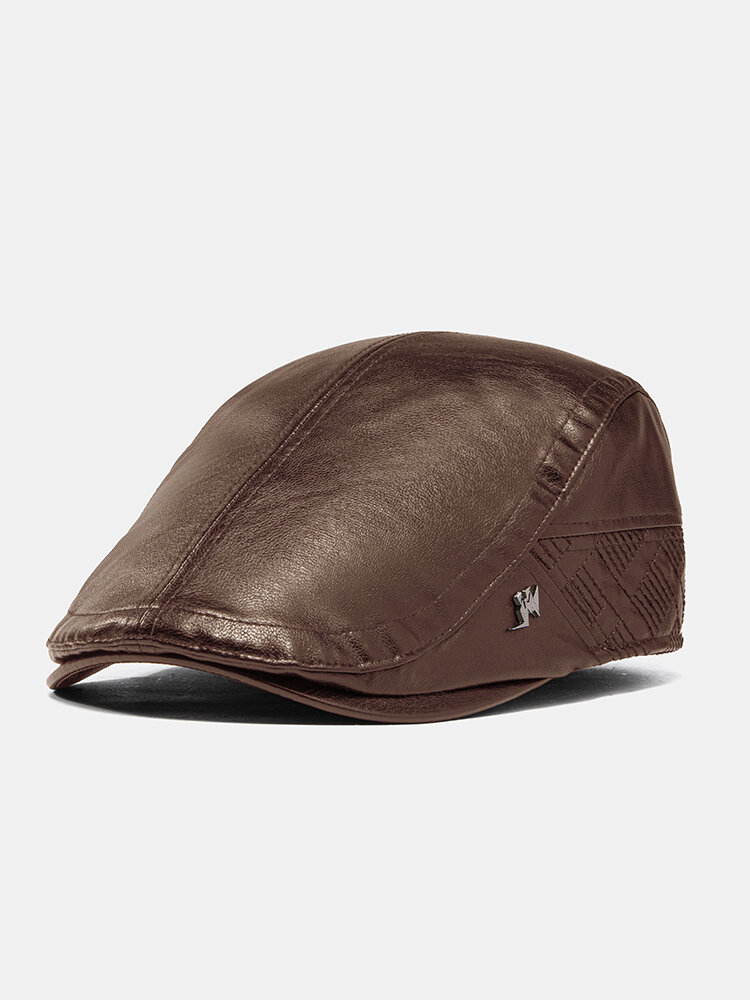 

Collrown Men Faux Leather Retro Classical Warm Metal Label Flat Hat Forward Hat Beret Hat, Black;brown;blue
