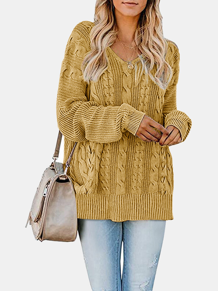 Solid Color Long Sleeve V-neck Jacquard Sweater For Women