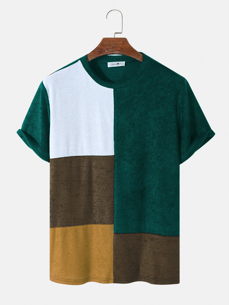 Designer Mens Color Block Patchwork Towelling Short Sleeve T-Shirt